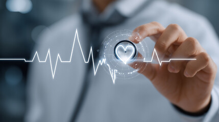 Poster - Medical AI ethics concept, digital stethoscope intertwined with human heartbeat pattern, healthcare technology meets human care, medical professional responsibility