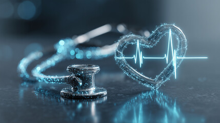 Poster - Medical AI ethics concept, digital stethoscope intertwined with human heartbeat pattern, healthcare technology meets human care, medical professional responsibility