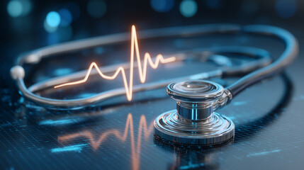 Poster - Medical AI ethics concept, digital stethoscope intertwined with human heartbeat pattern, healthcare technology meets human care, medical professional responsibility