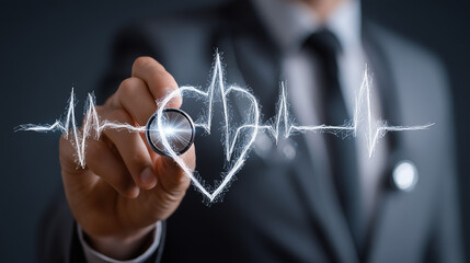 Poster - Medical AI ethics concept, digital stethoscope intertwined with human heartbeat pattern, healthcare technology meets human care, medical professional responsibility