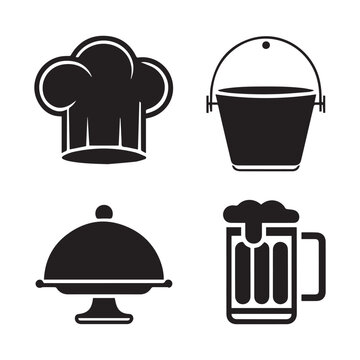 Black Silhouette Culinary Icon Set with Chef Hat, Cloche, Champagne Bucket, and Beer Mug on White Background.
