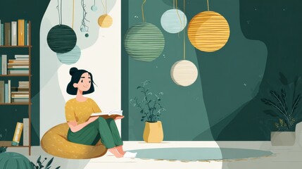 Aufkleber - Cozy Reading Nook With Hanging Lights Invites Relaxation and Inspiration for Book Lovers in a Peaceful Setting