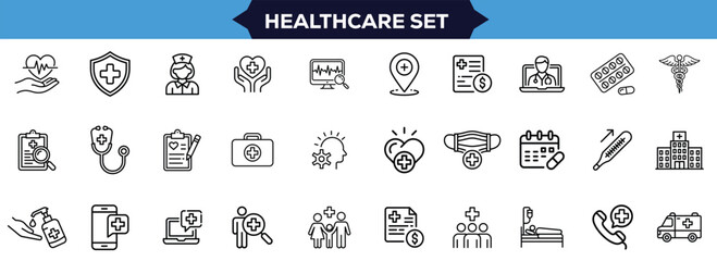 Complete Medical and Healthcare Icons Collection Thin Line Vector Set Featuring Emergency Care, Doctors, Treatments, Health Reports, Diagnosis, Prevention Measures, and Medical Equipment Editable 