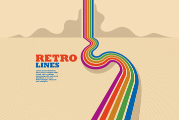 Poster - Retro style abstract background with curve lines in all colors of rainbow, 3D dimensional seventieth vector art.