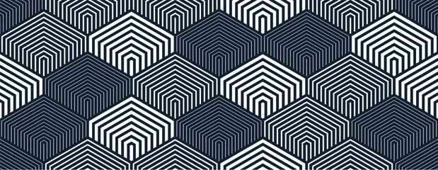 Poster - Cubes seamless pattern, abstract 3D optic background, trippy isometric linear polygon endless wallpaper, surreal effect black and white tiling pattern.