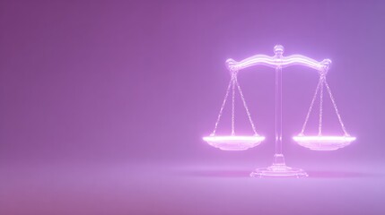 Poster - Glowing Justice Scale With Purple Background Representing Balance and Fairness in the Legal System