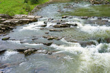 Dynamic image of a fast flowing mountain waterfall, rapid river crashing over mossy rocks. Energy and beauty of natural water features in pristine forested environments. Abstract natural background