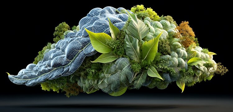 Artistic rendering of a cloud formation with greenery and wireframe structure on a black background