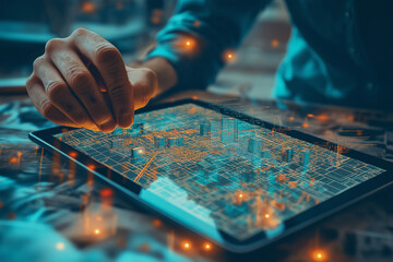 GIS specialist using a tablet with a digital interface overlay showing geospatial data, satellite imagery, technology graphs location analysis, mapping trends, spatial patterns, geographic mapping	