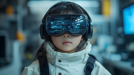 Poster - Asian child using virtual reality technology in a futuristic science lab