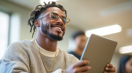 Poster - Young man engaged in tablet use during a lively group discussion in a modern workspace