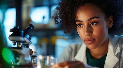 Poster - Chemistry student conducting experiments in lab during evening hours focused on research and development