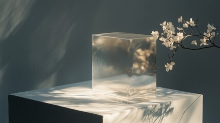 Poster - Clear acrylic block displaying reflections and shadows, illuminated by soft light beside delicate white flowers in a serene setting