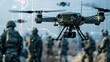 © Such worked - Military Drone Flying with Soldiers in the Background, Concept of Surveillance and Modern Warfare, Close-Up View
