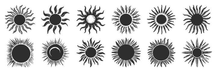 Poster - Sunburst Designs Silhouette Set. Decorative Sun Icons For Art And Design Projects. Isolated Vector Illustration Collection
