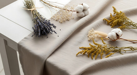 Wall Mural - Beige Linen Tablecloth and Dried Plants on White Wood