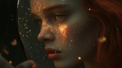 Poster - Portrait of a young woman with sparkling details gazing into a mirror reflecting her inner beauty at twilight