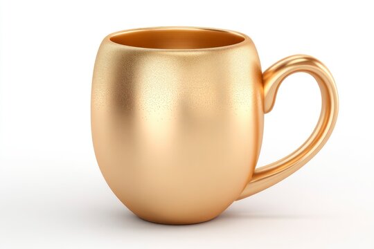A shiny golden mug with a curved handle sits on a white surface