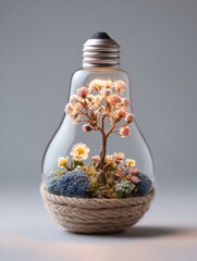 Poster - Lightbulb Showcases Blooming Flower Arrangement Symbolizing Growth and Creativity in a Serene Setting
