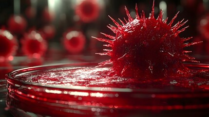 Poster - Menacing red virus with sharp spikes spreading across a petri dish