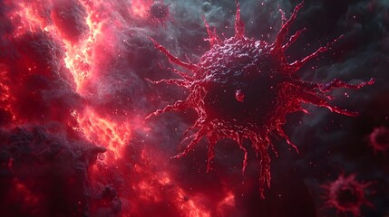 Poster - A detailed red virus particle with glowing spikes floating in a dark environment