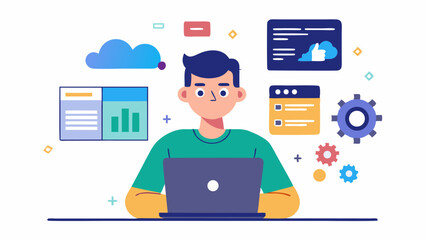 Cartoon Man Working on Laptop with Cloud Technology and Business Presentation Graphics Around Him