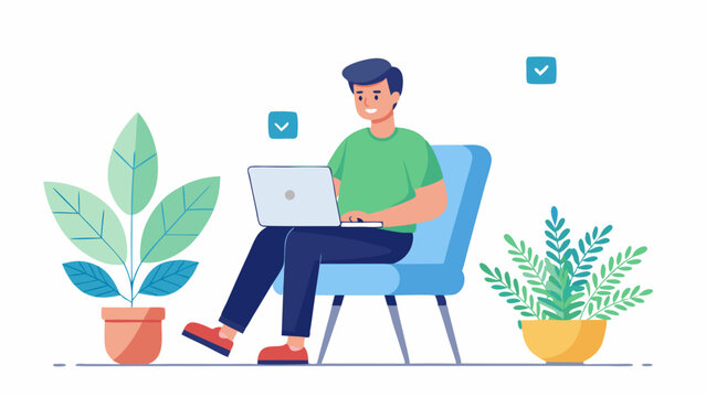 Man Working on Laptop with Plants and Checkmarks Around Comfortable and Productive Home Office Illustration