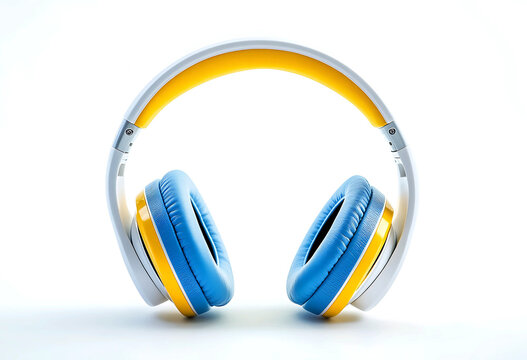 Stylish blue and yellow over ear headphones on a clean white background