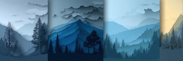 Poster - Layers of Nature in Paper Cut Style Featuring Forest, Mountain, and Sky Elements in a Harmonious Blend of Colors and Textures