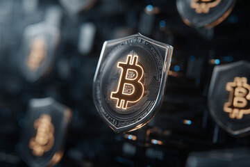 Poster - Cryptocurrency security concept, digital shield protecting crypto assets, hacker prevention visualization, secure blockchain fortress, cybersecurity in finance