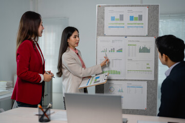 Aufkleber - Asian businesswomen pointing at graph on whiteboard and explaining charts and graphs to colleagues during a presentation in the office meeting room