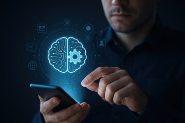 Aufkleber - Digital Intelligence: A modern businessman interacting with a glowing brain icon on his smartphone, symbolizing the integration of technology and human intelligence.