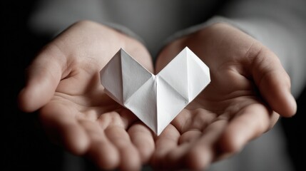 Poster - Crafted Paper Heart Held Gently Between Two Hands With Soft Shadows Highlighting the Delicate Details