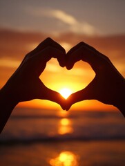 Poster - Hands Creating a Heart Shape Against the Backdrop of a Vibrant Sunset on the Horizon at a Beach