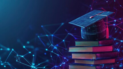 Aufkleber - Graduation cap on books with digital network background.