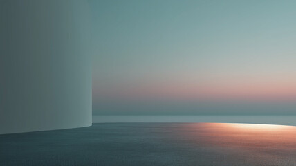 Aufkleber - Serene minimalistic scene features curved structure against tranquil gradient sky, blending soft blues and pinks. smooth surface reflects gentle hues, creating calming atmosphere