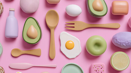 Fototapete - Vibrant flat lay of pastel colored kitchen items and food models, including avocados, eggs, and utensils, arranged on pink background. playful composition evokes sense of whimsy and creativity