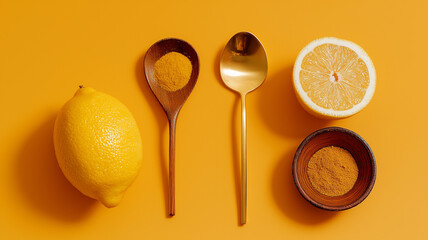 Aufkleber - Vibrant flat lay of lemon, wooden spoon with turmeric, golden spoon, half lemon, and bowl of turmeric on orange background. composition is bright and cheerful