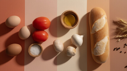 Poster - Flat lay of fresh ingredients including eggs, tomatoes, garlic, olive oil, and baguette on simple background creates rustic and inviting culinary scene