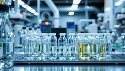Poster - Scientific research laboratory action analyzing clear vials of liquid solutions high-tech environment close-up view