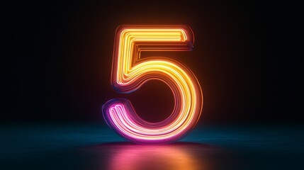 Poster - Glowing neon number five on dark background.