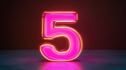 Aufkleber - Glowing neon pink number five on dark background.