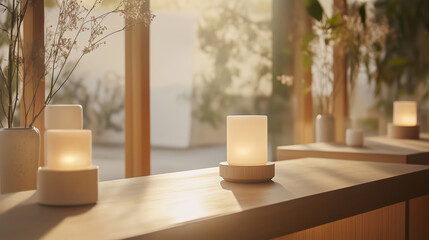 Poster - Warm candles illuminate a serene interior space with wooden decor and soft natural light during golden hour