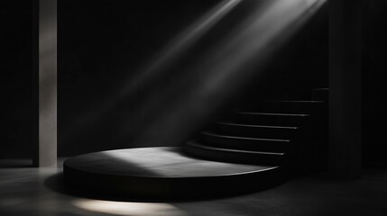 Poster - Light beams illuminating a dark stage with steps in an empty space at nighttime