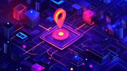 Aufkleber - Futuristic city map with glowing location pin on circuit board.