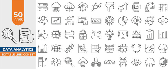 Wall Mural - data analytics icon set – vector line icons for database, statistics, server monitoring, cloud compu