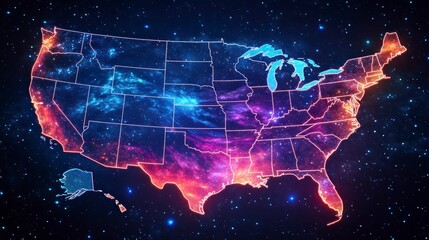 Poster - USA map with vibrant nebula effect, showcasing states' outlines against a cosmic backdrop.