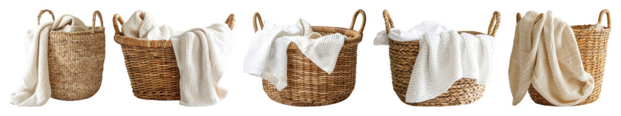Wall Mural - png wicker baskets with cozy blankets, element set on transparent background