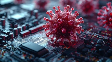 Poster - A red biotechnological virus merging with a computer motherboard