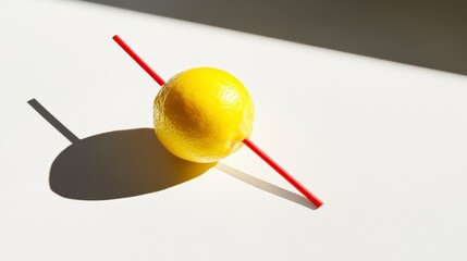 Aufkleber - A vibrant yellow lemon pierced by two red straws, casting a dramatic shadow on a white surface.